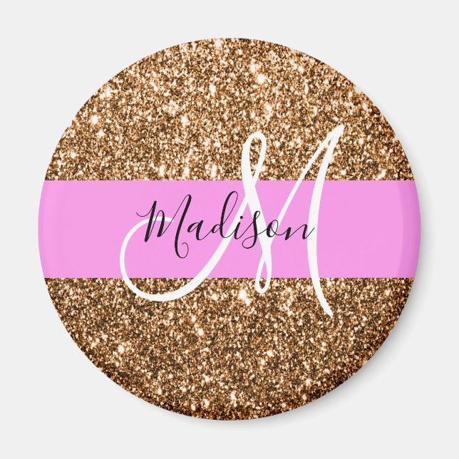 Glam Rosa & Copper Glitter Sparkles Monogram Namn Magnet (Framsidan)