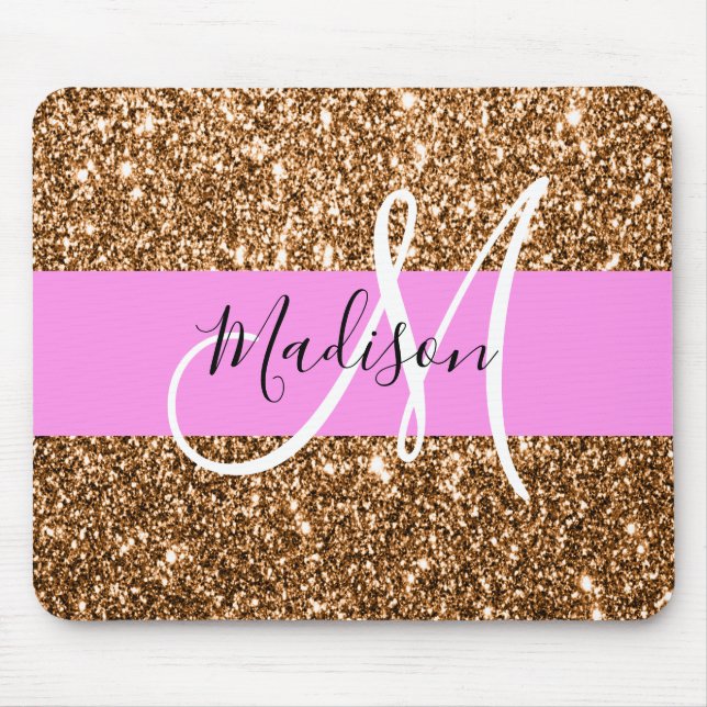 Glam Rosa & Copper Glitter Sparkles Monogram Namn Musmatta (Framsidan)
