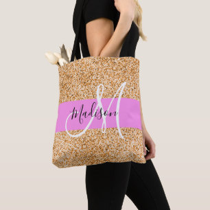 Glam Rosa & Copper Glitter Sparkles Monogram Namn Tygkasse