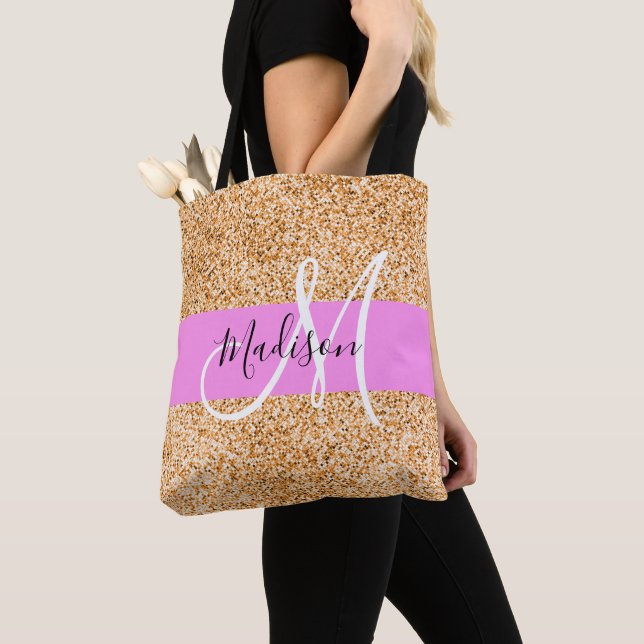 Glam Rosa & Copper Glitter Sparkles Monogram Namn Tygkasse (Närbild)