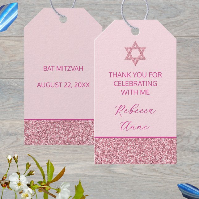 Glam Rosa Cute Tack Bat mitzvah Party Presentetikett (Custom pink faux glitter favor tags make great hang tags for your Bat Mitzvah party favors)