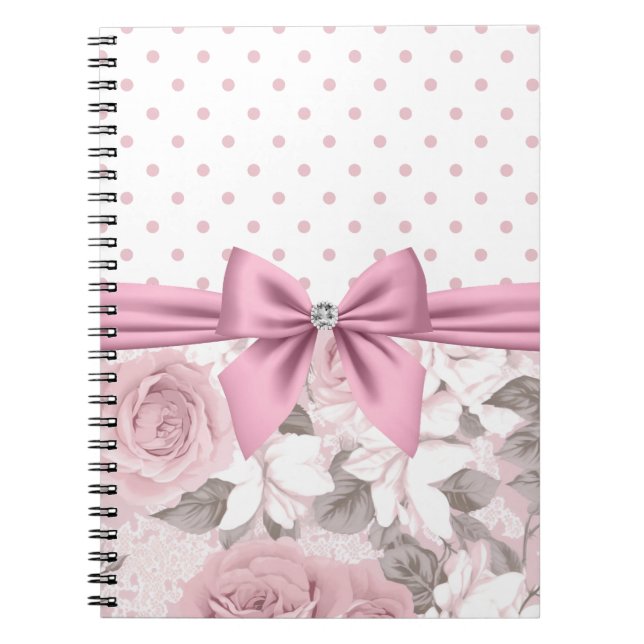 Glam Rosa Diamond Bow Blommigt Polka dots Anteckningsbok (Framsidan)