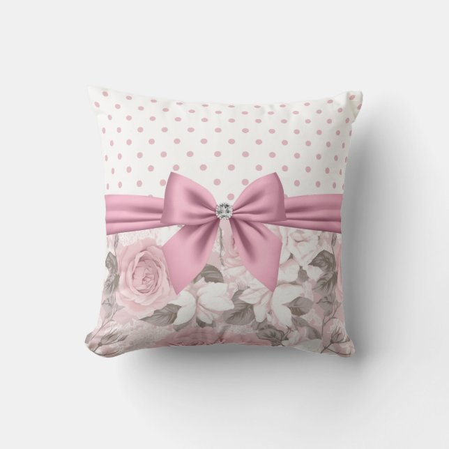 Glam Rosa Diamond Bow Blommigt Polka dots Kudde (Framsida)