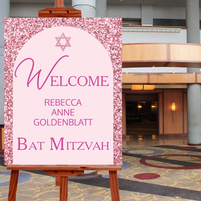 Glam Rosa Elegant Chic Bat mitzvah Välkommen Poster (The perfect Bat Mitzvah welcome sign to greet your guests at the venue)