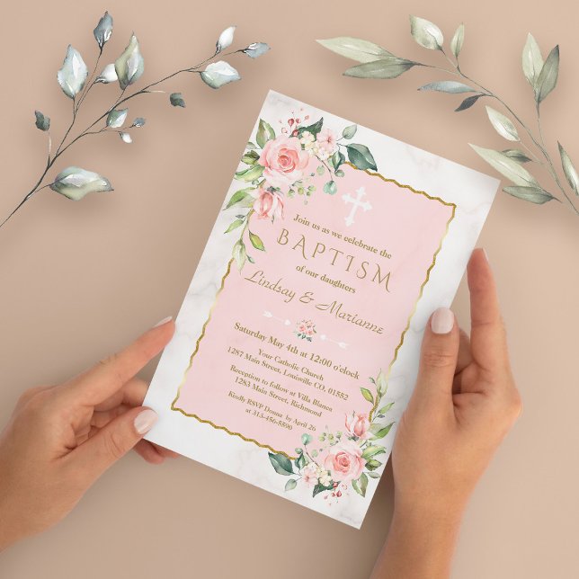 Glam Rosa  Flowers Guld Marble Twillingars Baptism Inbjudningar (twins girls baptism invitation, pink flowers baptism invite, trendy floral gold baptism invitation)