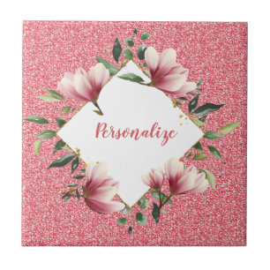 Glam Rosa Glitter Blomma Ram Glitter Personlig Kakelplatta