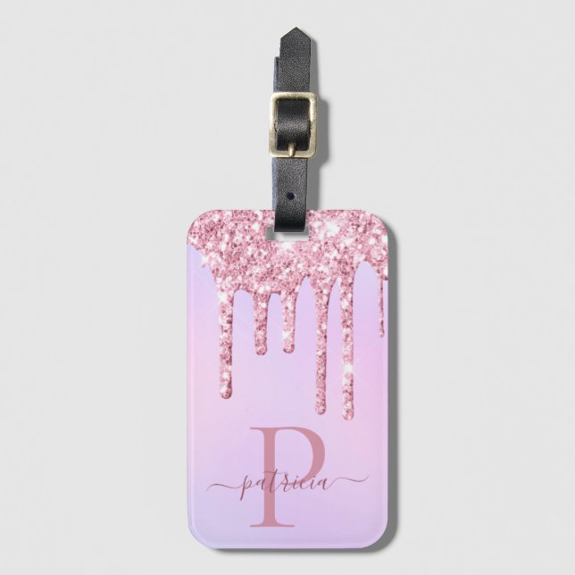 Glam Rosa Glitter Dricks Elegant Monogram Bagagebricka (Framsida vertikal)