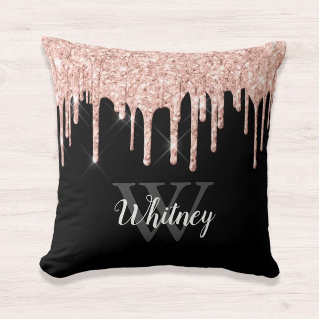 Glam Rosa Glitter Drip Black Monogram Brev Kudde (Skapare uppladdad)