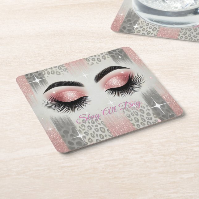 Glam Rosa Glitter Eyelash Underlägg Papper Kvadrat (Vinklad)
