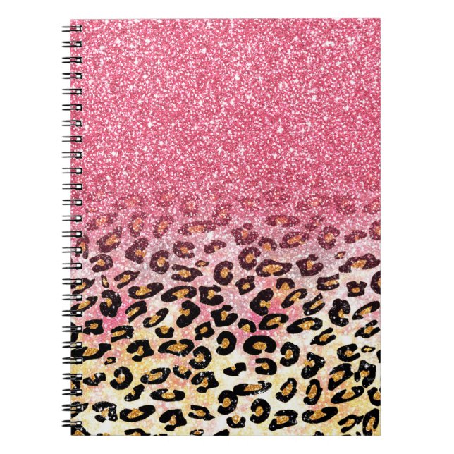 Glam Rosa Glitter Leopard Mönster Anteckningsbok Med Spiral (Framsidan)