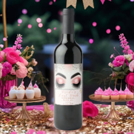 Glam Rosa Glitter Ögonfransar Henparty Vinflaska Etikett