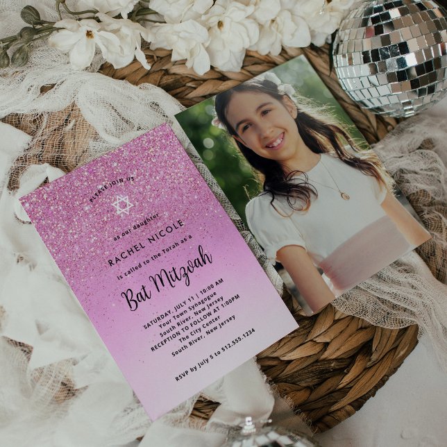 Glam Rosa Glitter Se Bat mitzvah ut | Tillbaka til Inbjudningar (Skapare uppladdad)