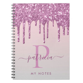 Glam Rosa Glitterdropar Elegant Monogram Anteckningsbok