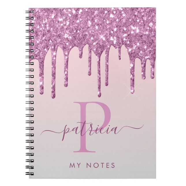 Glam Rosa Glitterdropar Elegant Monogram Anteckningsbok (Framsidan)