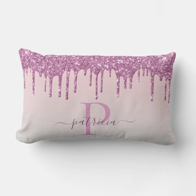 Glam Rosa Glitterdropar Elegant Monogram  Kastkudd Lumbarkudde (Framsida)