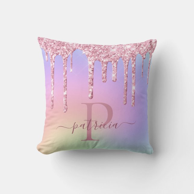 Glam Rosa Glitterdropar Elegant Monogram Kastkudde Kudde (Framsida)