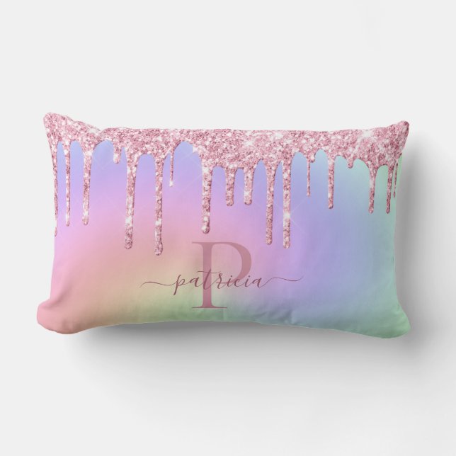 Glam Rosa Glitterdropar Elegant Monogram  Ländrygg Lumbarkudde (Framsida)