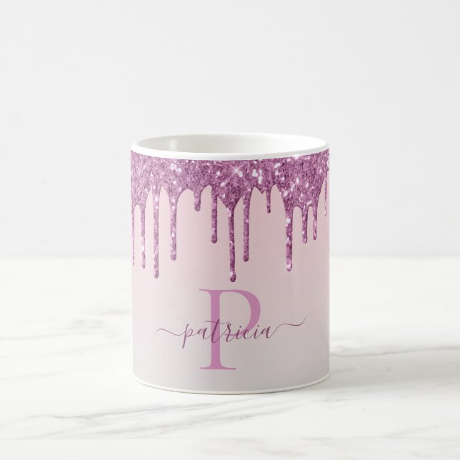 Glam Rosa Glitterdroppar Elegant Monogram  Kaffemugg (Center)