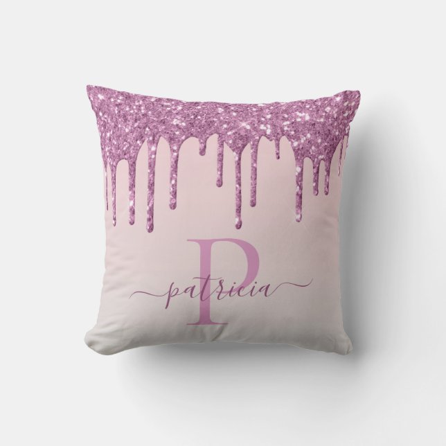 Glam Rosa Glitterdroppar Elegant Monogram  Kudde (Framsida)
