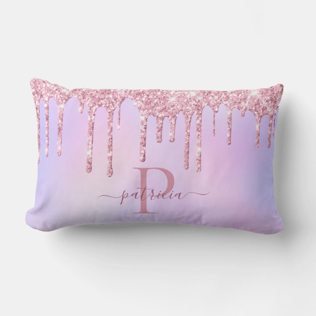 Glam Rosa Glitterdroppar Elegant Monogram  Lumbarkudde (Framsida)