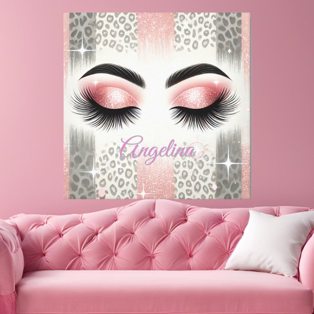 Glam rosa glitterögonfransar canvastryck (Add glam sparkle to your space with this chic pink leopard lashes canvas — perfect for girly walls.)