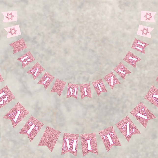 Glam Rosa Gnistra Girl Chic Elegant Bat mitzvah Vimplar (A set of glam pink faux glitter bunting flags to add to your Bat Mitzvah party decor)