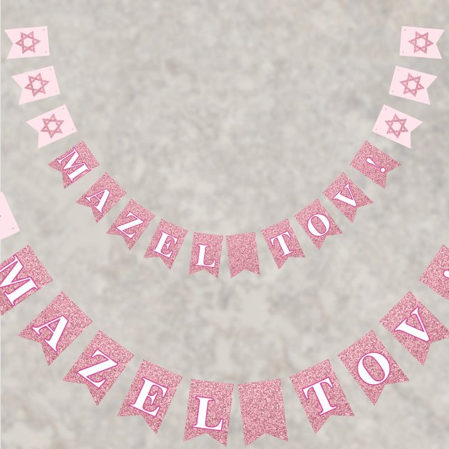 Glam Rosa Gnistra Girl Girl Mazel Tov Bat mitzvah Vimplar (This pink faux glitter MAZEL TOV! bunting flag drape is great for your Bat Mitzvah party)