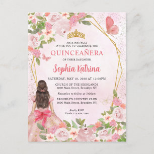 Glam Rosa Guld Blommigt Princess Quinceañera Inbjudan Vykort