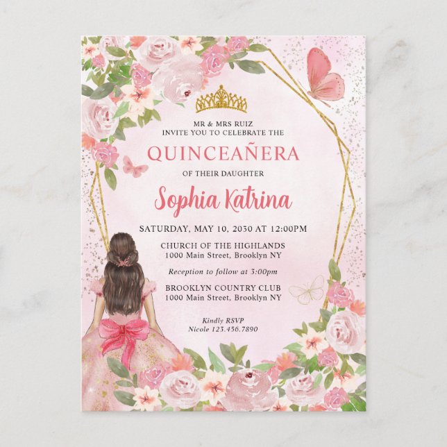Glam  Rosa Guld Blommigt Princess Quinceañera Inbjudan Vykort (Framsida)