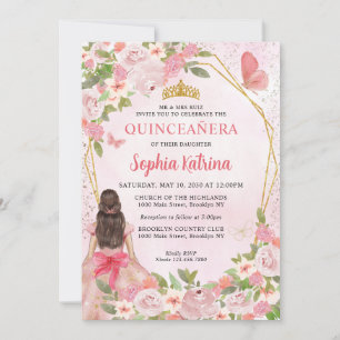 Glam Rosa Guld Blommigt Princess Quinceañera Inbjudningar