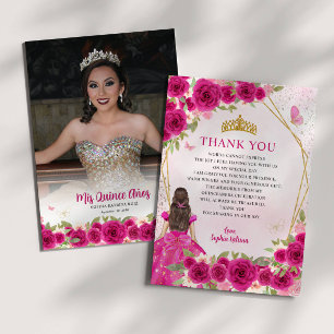 Glam Rosa Guld Blommigt Princess Quinceañera Photo Tack Kort