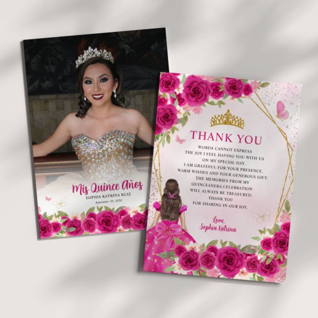 Glam Rosa Guld Blommigt Princess Quinceañera Photo Tack Kort (Skapare uppladdad)