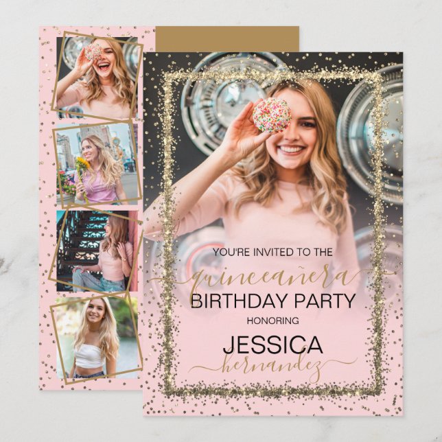 Glam Rosa Guld Confetti Gräns Photo Quinceañera Inbjudningar (Fram/baksida)