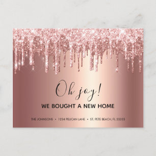 Glam Rosa Guld Glitter Drip Ny Address Meddelande Vykort