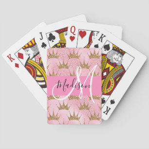 Glam Rosa & Guld Glitter Gnist Kronor Monogram Casinokort