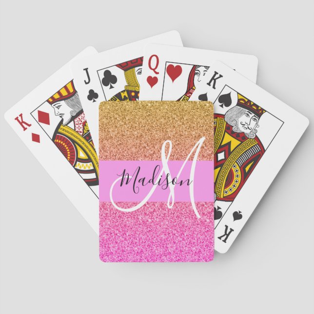 Glam Rosa & Guld Glitter Gnistra Gradient Monogram Casinokort (Baksidan)