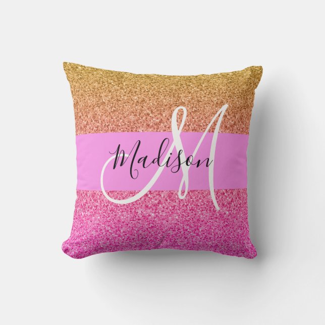 Glam Rosa & Guld Glitter Gnistra Gradient Monogram Kudde (Framsida)