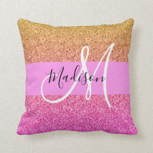 Glam Rosa & Guld Glitter Gnistra Gradient Monogram Kudde