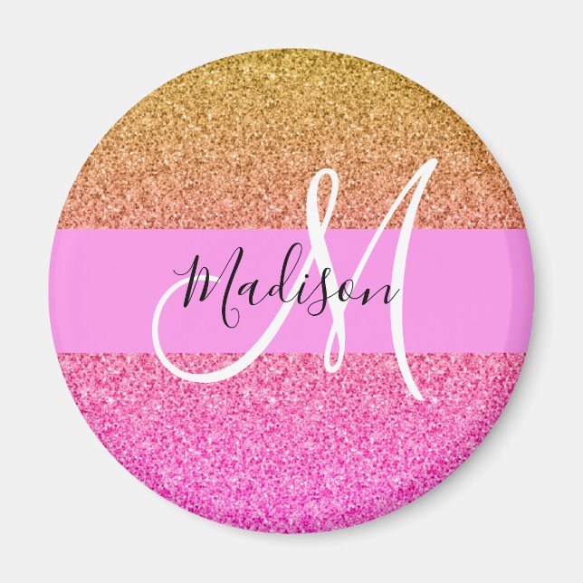 Glam Rosa & Guld Glitter Gnistra Gradient Monogram Magnet (Framsidan)