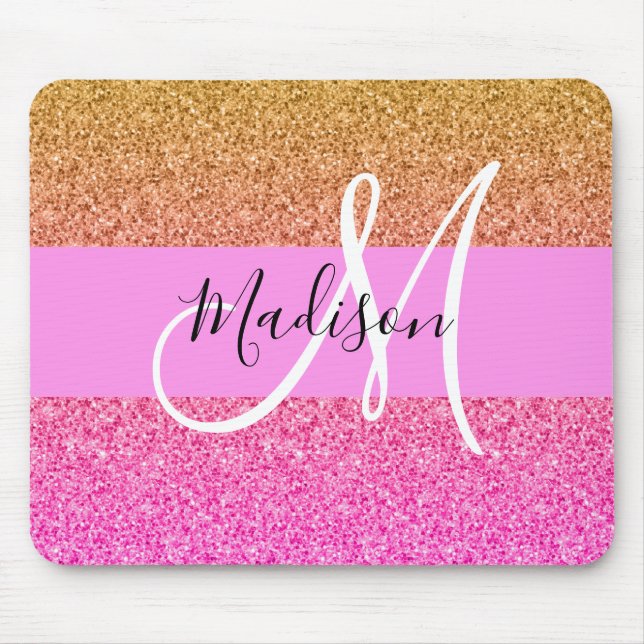 Glam Rosa & Guld Glitter Gnistra Gradient Monogram Musmatta (Framsidan)