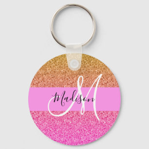 Glam Rosa & Guld Glitter Gnistra Gradient Monogram Nyckelring