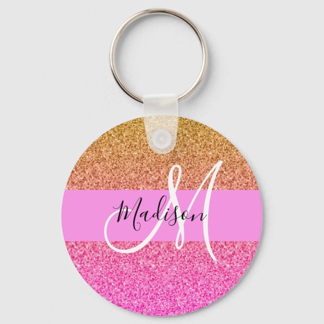 Glam Rosa & Guld Glitter Gnistra Gradient Monogram Nyckelring (Framsida)