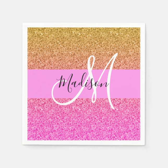 Glam Rosa & Guld Glitter Gnistra Gradient Monogram Pappersservett (Framsidan)