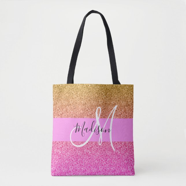 Glam Rosa & Guld Glitter Gnistra Gradient Monogram Tygkasse (Framsida)