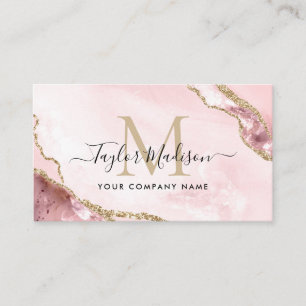 Glam Rosa Guld Glitter marble Agate Monogram Visitkort