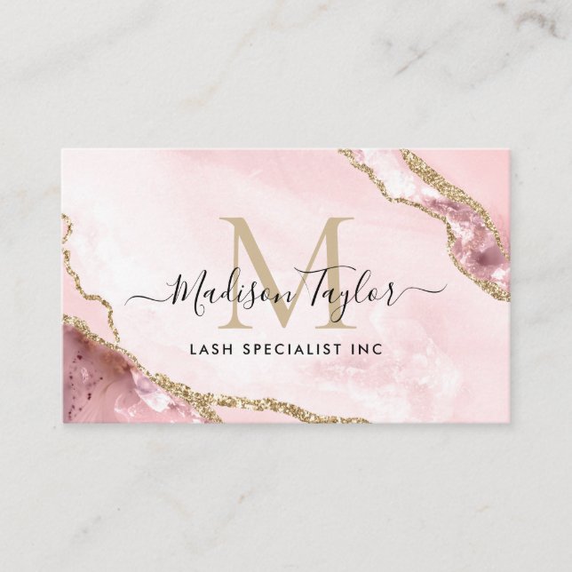Glam  Rosa Guld Glitter marble Agate Monogram Visitkort (Framsida)