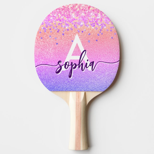 Glam Rosa Guld Glitter Monogram-skript färgstark Pingisracket (Framsidan)