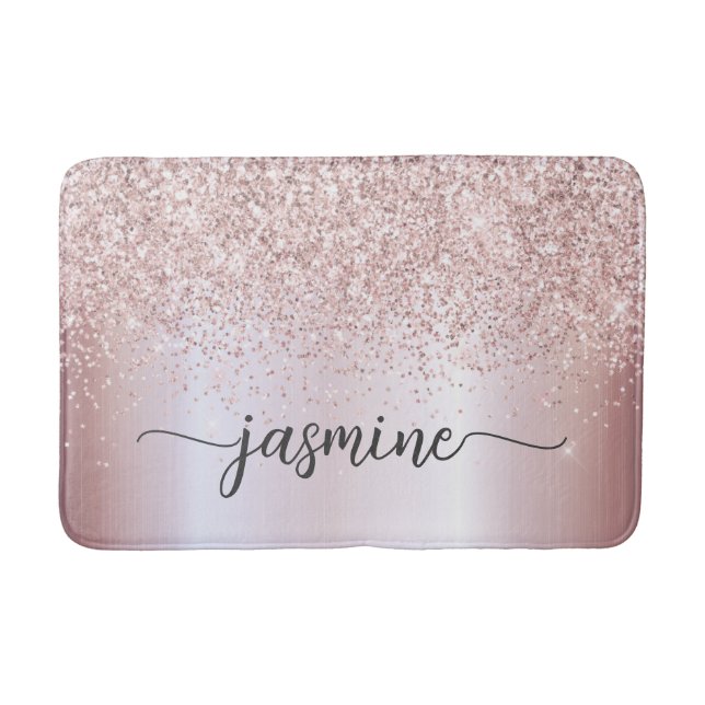 Glam Rosa Guld Glitter Monogram Typografi Badkar Badrumsmatta (Framsidan)