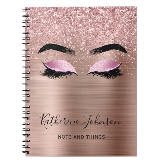 Glam Rosa Guld Glitter Ögonfransar Skönhet Monogra Anteckningsbok (Framsidan)