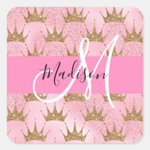 Glam Rosa & Guld Glitter Sparkles Krona Monogram Fyrkantigt Klistermärke